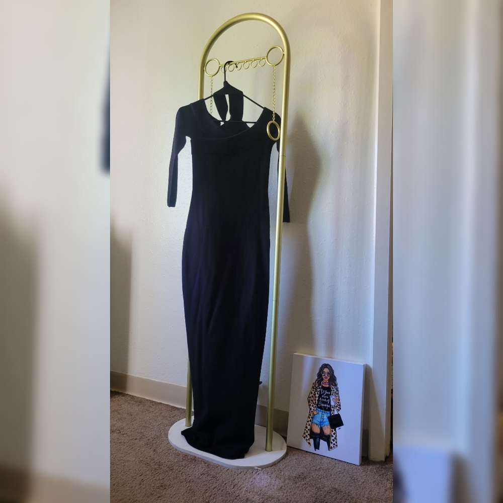 Black Long Sleeve asymmetrical neckline dress with collar detail
